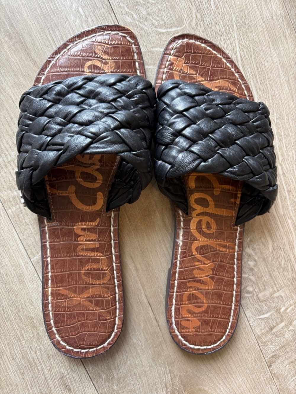 Sam Edelman Griffin Black Braided Slide Sandals with Brown Footbed Size 10